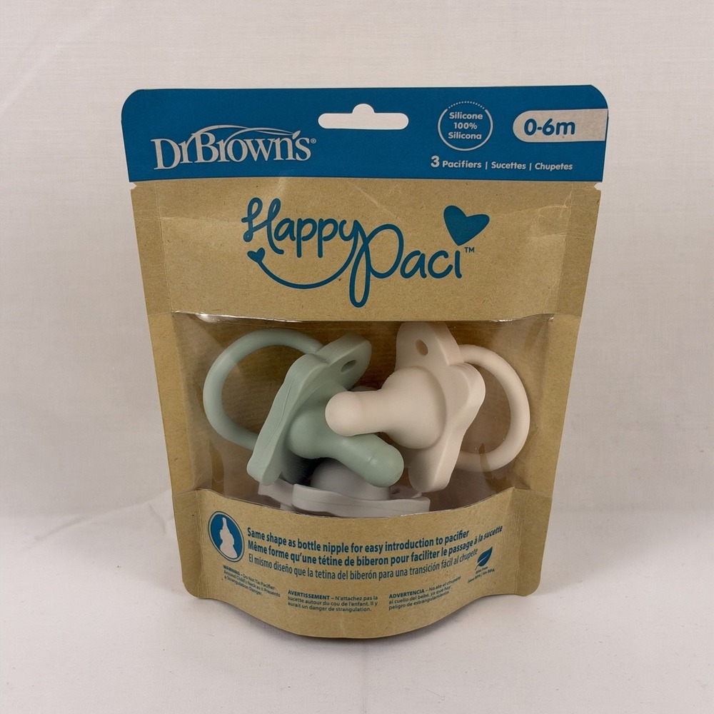 Dr Brown's Happy Paci 0-6m Pack of 3 Silicone Pacifiers Baby White Gray Green
